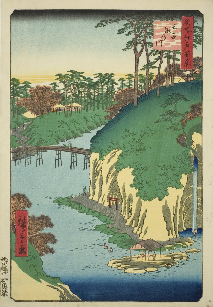 Vesiputousten joki Ojissa (Oji Takinogawa), sarjasta "Sata kuuluisaa näkymää Edosta (Meisho Edo hyakkei)" tekijältä Utagawa Hiroshige
