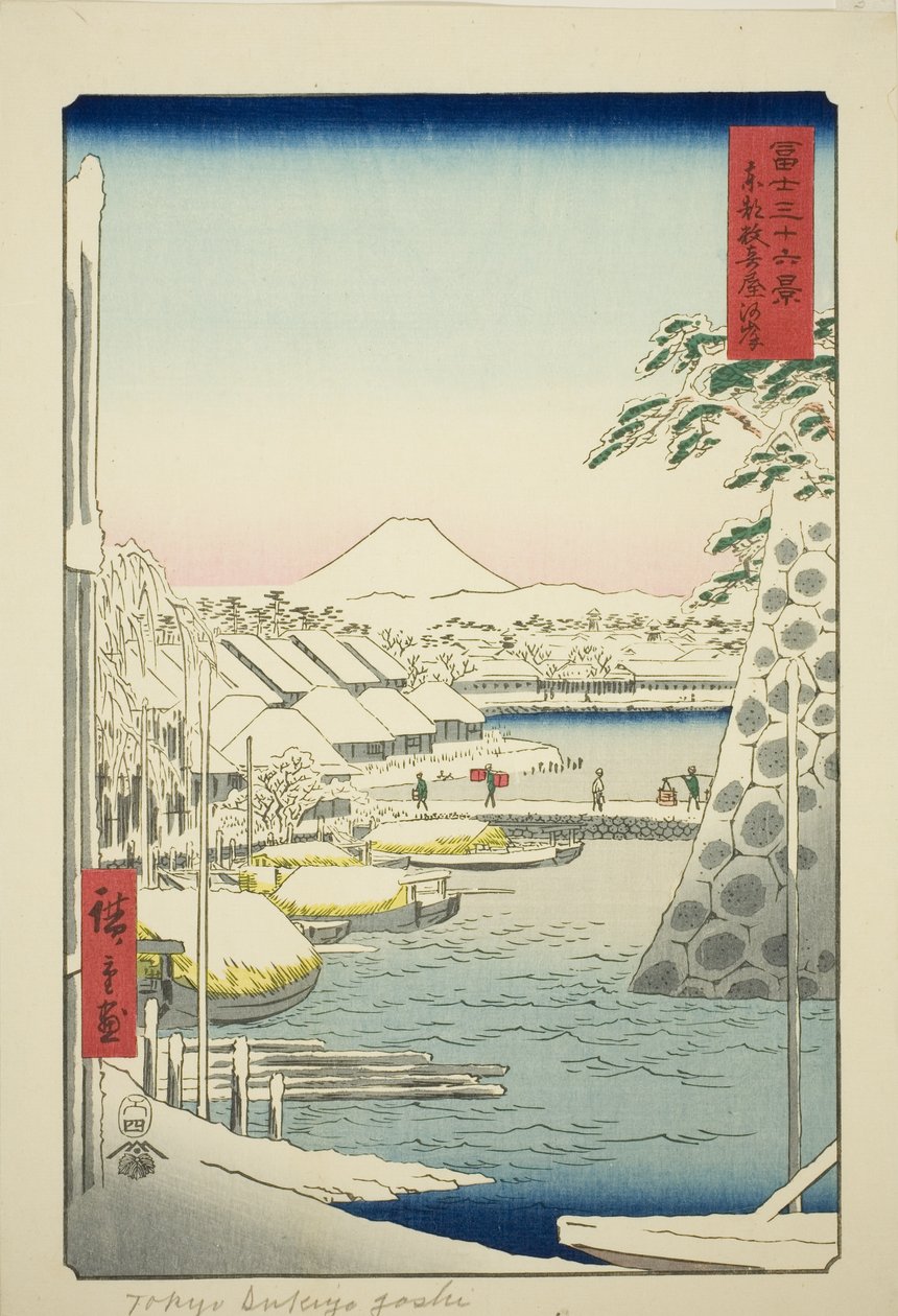 Joenranta Sukiyassa itäisessä pääkaupungissa (Toto Sukiyagashi), sarjasta "Kolmekymmentäkuusi näkymää Fuji-vuorelle (Fuji sanjurokkei)" tekijältä Utagawa Hiroshige