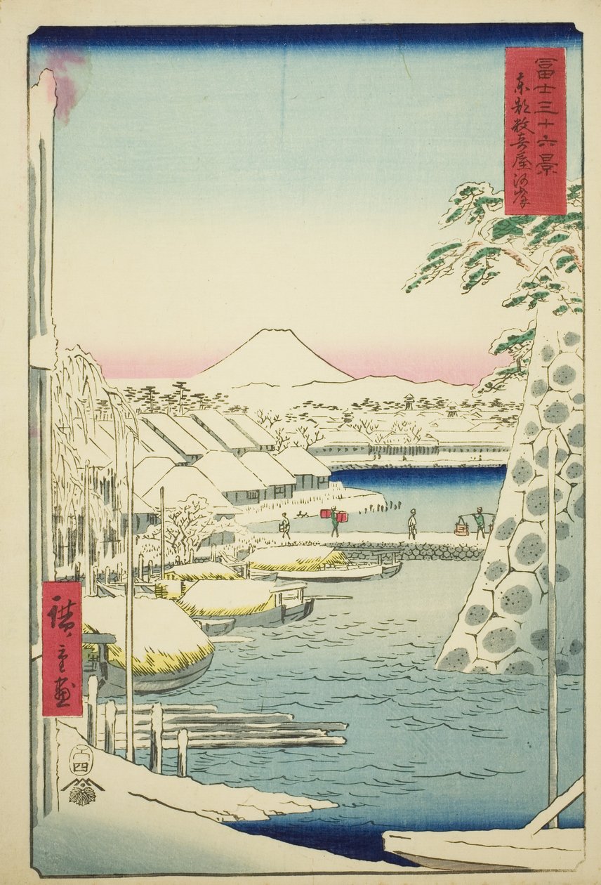 Joenranta Sukiyassa itäisessä pääkaupungissa (Toto Sukiyagashi), sarjasta "Kolmekymmentäkuusi näkymää Fuji-vuorelle (Fuji sanjurokkei)" tekijältä Utagawa Hiroshige