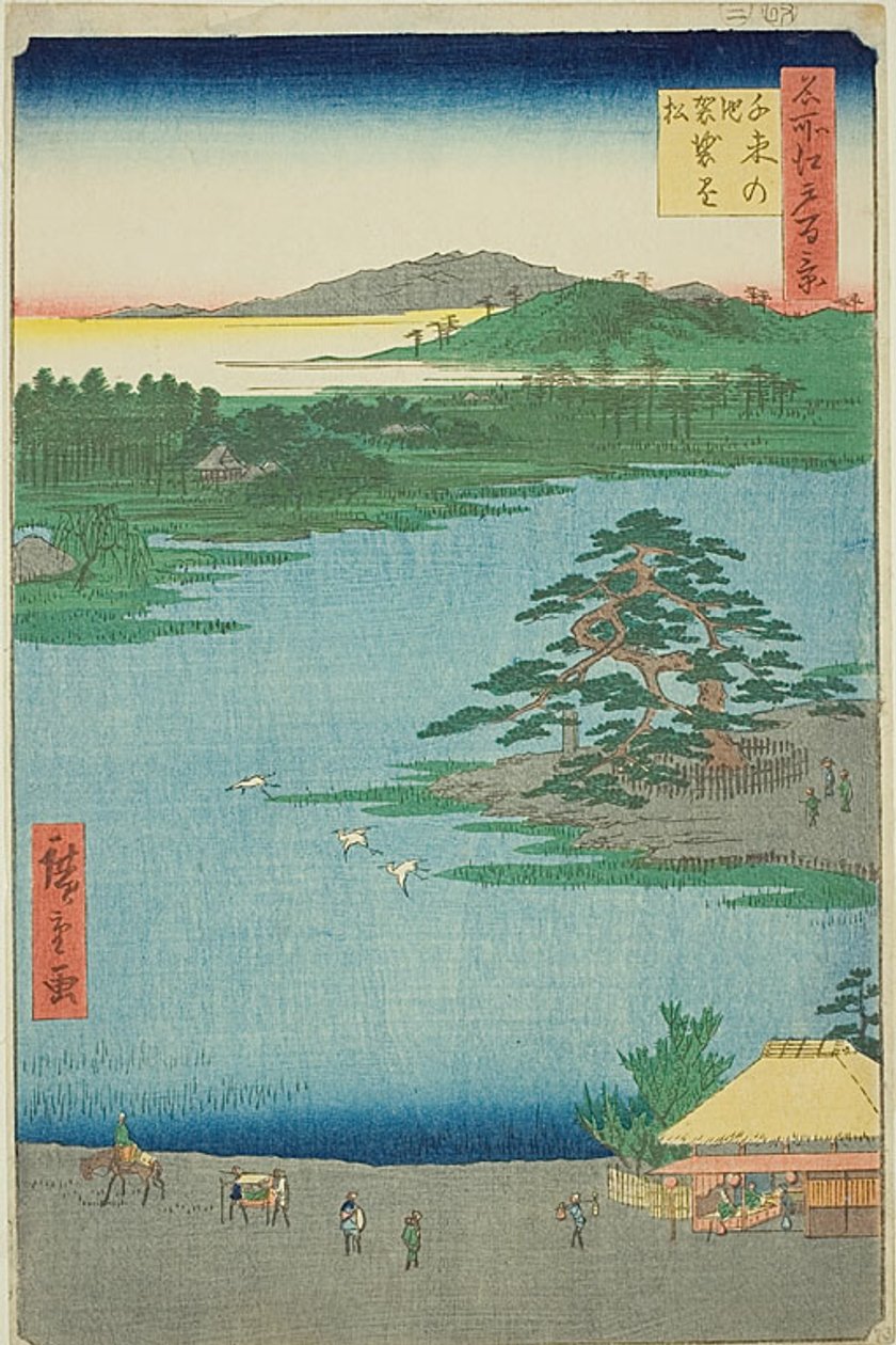 Senzoku-lammella roikkuva mänty (Senzoku no ike Kesakakematsu), nro 110 sarjasta "Sata kuuluisaa näkymää Edosta (Meisho Edo hyakkei)". tekijältä Utagawa Hiroshige