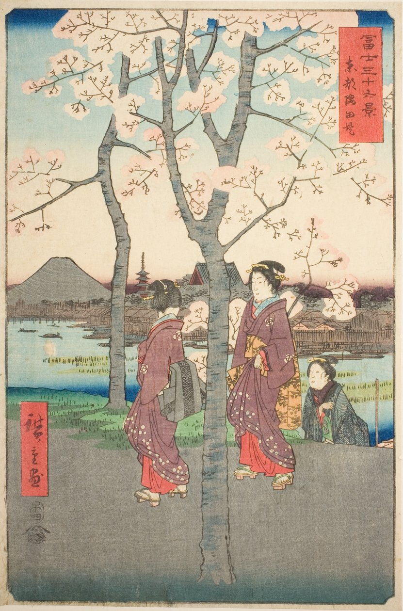 Sumidan pengerrys itäisessä pääkaupungissa (Toto Sumida zutsumi), sarjasta "Kolmekymmentäkuusi näkymää Fuji-vuorelle (Fuji sanjurokkei)" tekijältä Utagawa Hiroshige