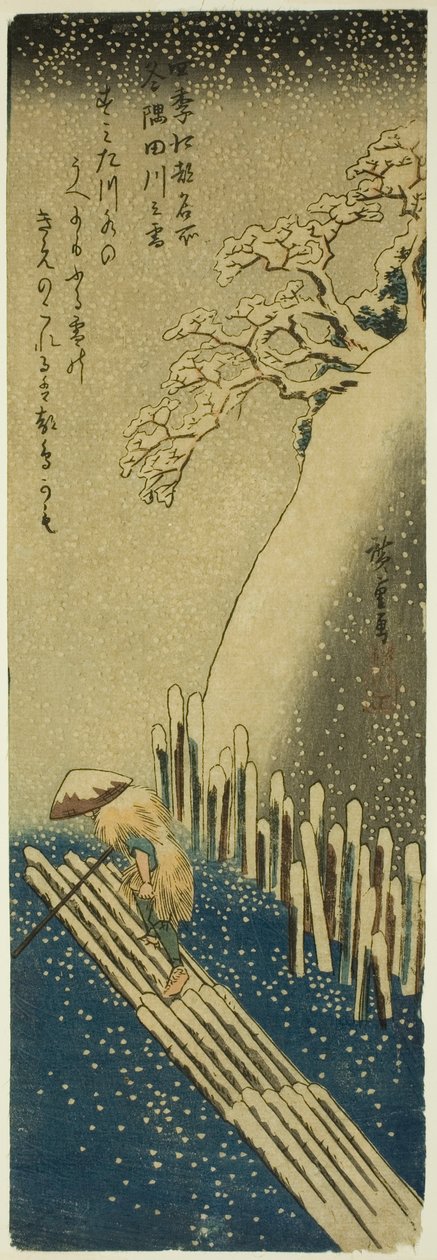 Sumida-joki talvilumessa (Fuyu Sumidagawa no yuki), sarjasta "Famous Places in Edo in the Four Seasons (Shiki Koto meisho)" tekijältä Utagawa Hiroshige