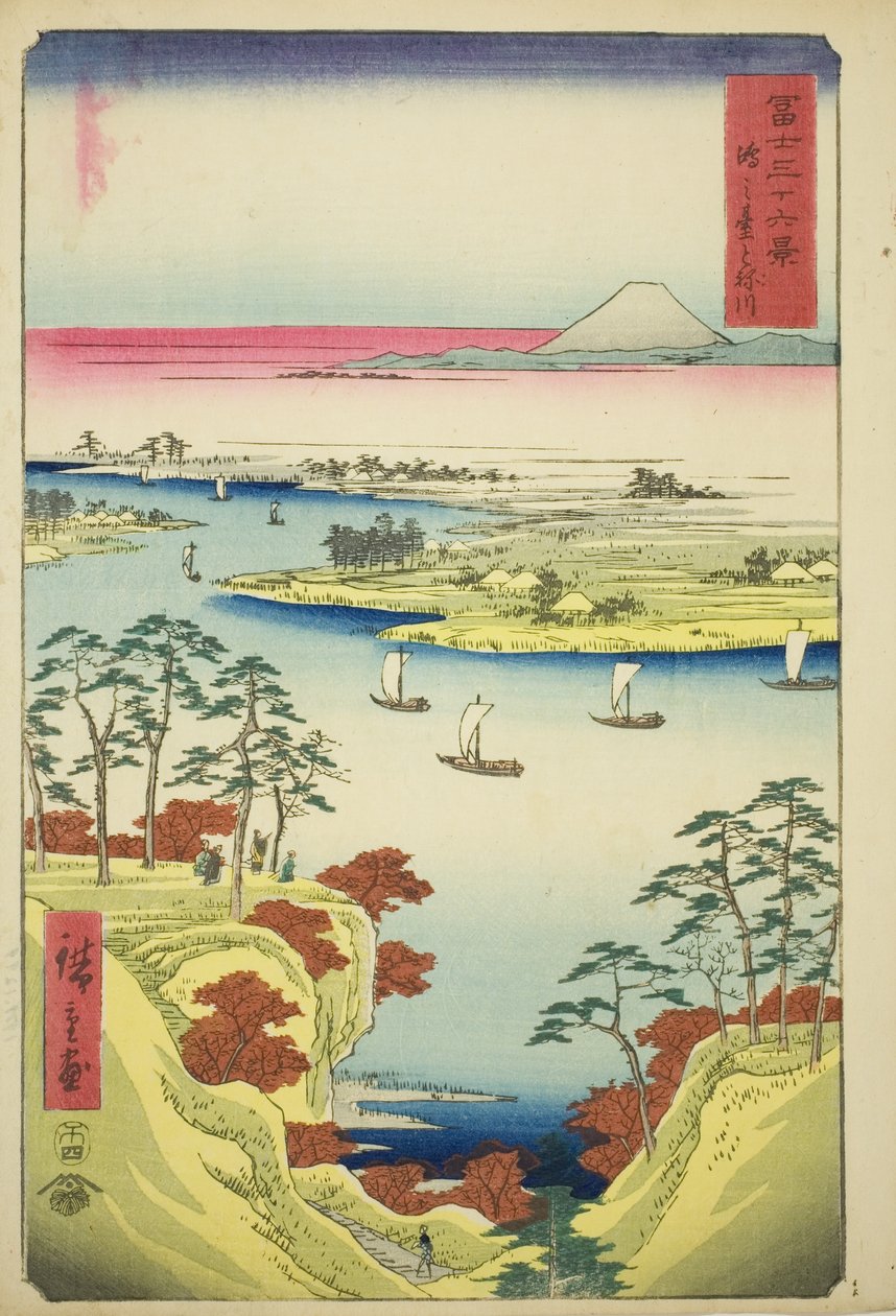 Tone-joki Konodaissa (Konodai Tonegawa), sarjasta "Kolmekymmentäkuusi näkymää Fuji-vuorelle (Fuji sanjurokkei)" tekijältä Utagawa Hiroshige