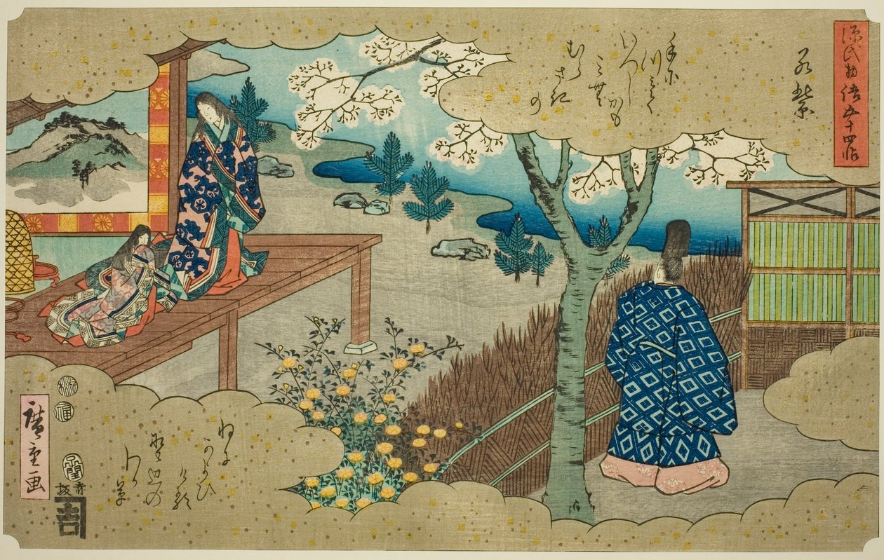 Nuori Murasaki (Wakamurasaki), sarjasta "Fifty-four Chapters of the Tale of Genji (Genji monogatari gojuyonjo)" tekijältä Utagawa Hiroshige