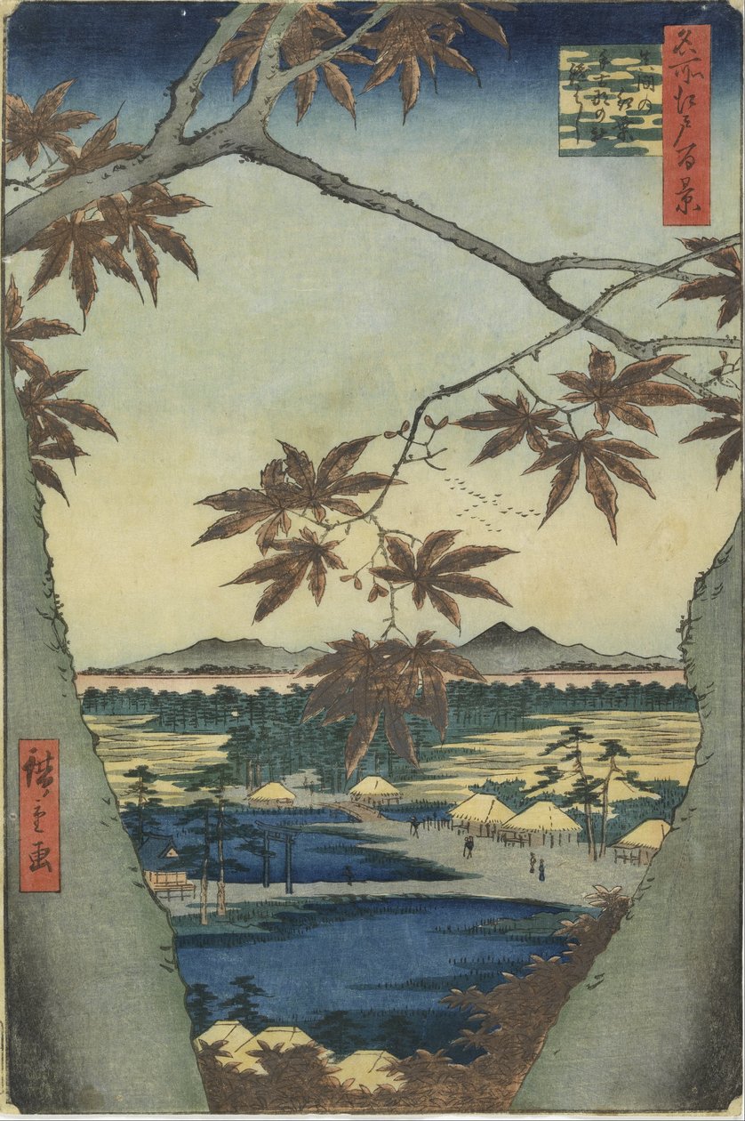 Maman vaahteranlehdet, Tekonan pyhäkkö ja Tsugi-silta tekijältä Utagawa Hiroshige