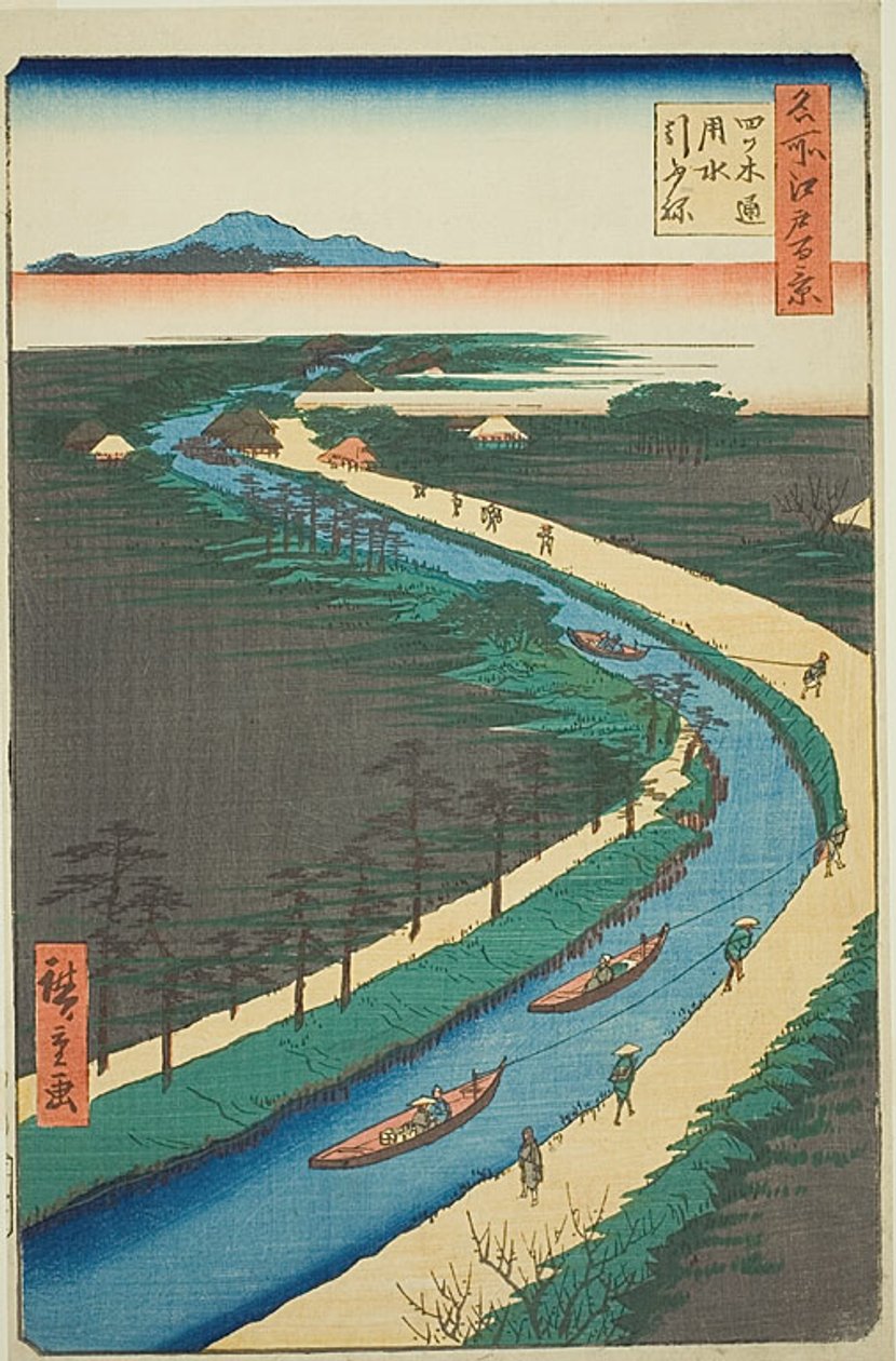 Hinausaluksia Yotsugidori-kanavan varrella (Yotsugidori yosui hikifune), nro 33 sarjasta "One Hundred Famous Views of Edo (Meisho Edo hyakkei)". tekijältä Utagawa Hiroshige