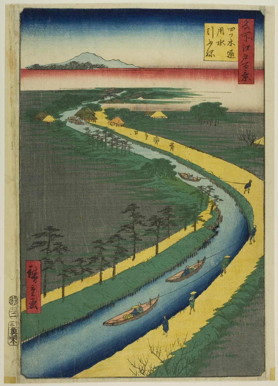 Hinaajia Yotsugidori-kanavan varrella (Yotsugidori yosui hikifune), sarjasta "Sata kuuluisaa näkymää Edosta (Meisho Edo hyakkei)". tekijältä Utagawa Hiroshige
