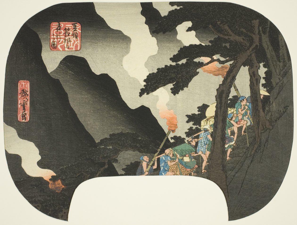 Matkustaminen yöllä Hakone-vuorilla Izun ja Sagamin maakuntien rajalla (Zuso Hakone-yama yako no zu), sarjasta "Kuuluisia paikkoja eri maakunnissa (Shokoku meisho)" tekijältä Utagawa Hiroshige
