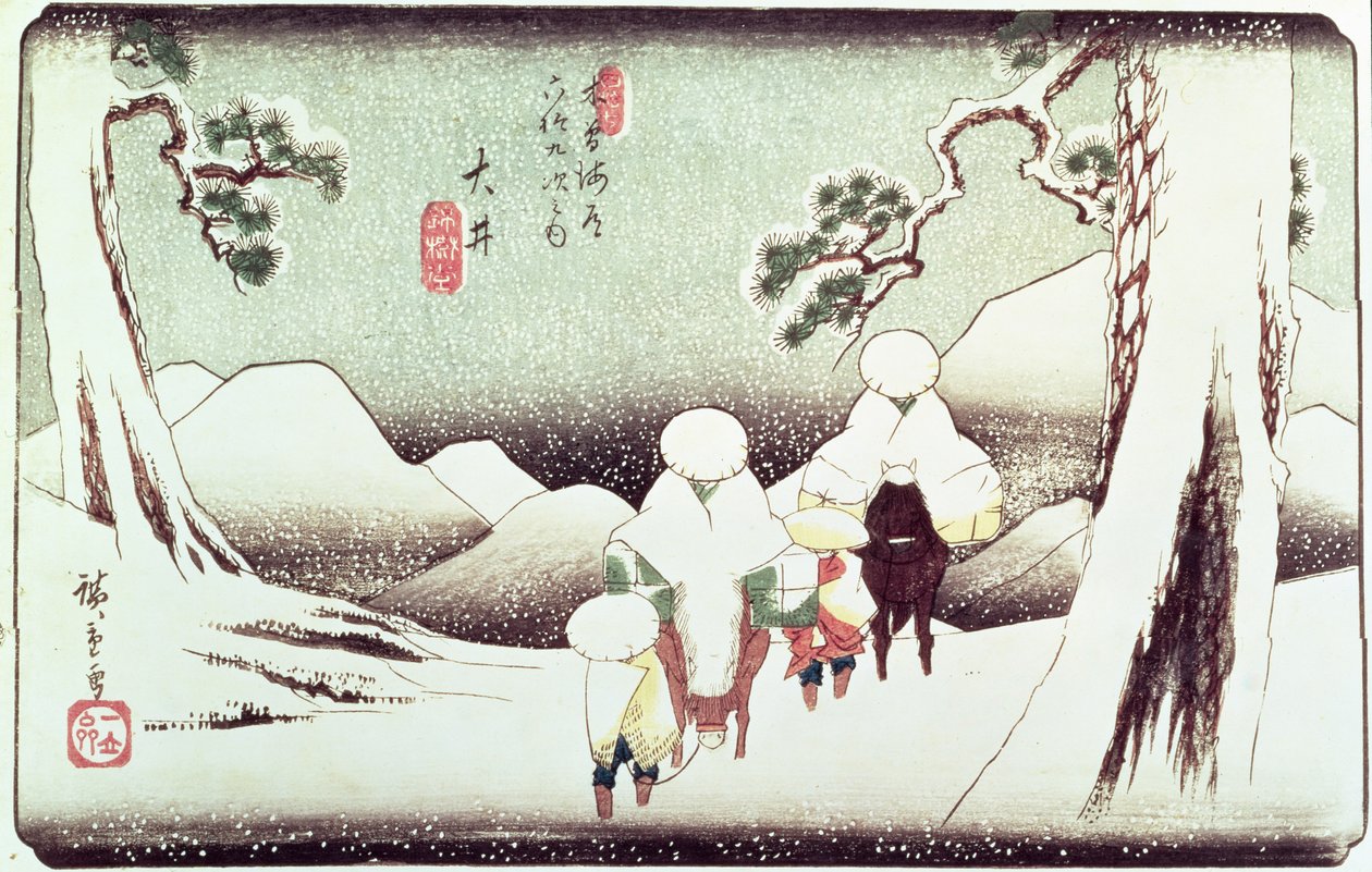 "Travellers in the Snow at Oi", sarjasta "69 Stations of Kisokaido", pub. 1830-luvun loppu, (oban-koko, yoko-e - vaakamuoto, värillinen puupalikkapainatus) tekijältä Utagawa Hiroshige