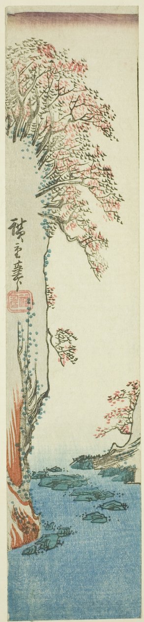 Puut kalliolla joen yläpuolella tekijältä Utagawa Hiroshige