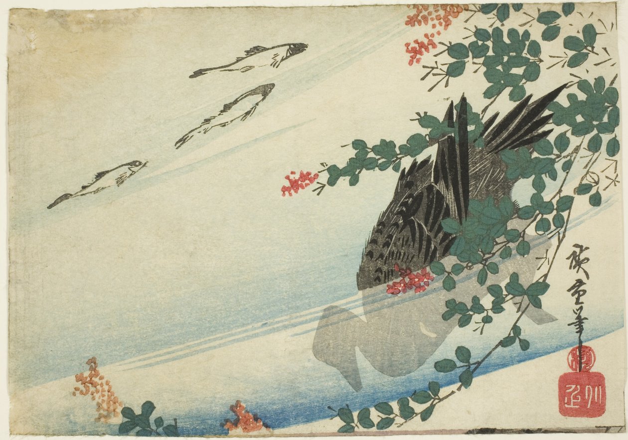 Taimen, ankka ja pensasapila tekijältä Utagawa Hiroshige