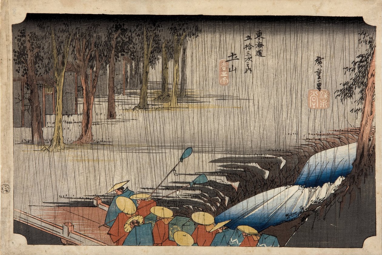 Tsuchiyama - Kevätsade Tokaidon valtatien 53 asemalta, 1832-1834 tekijältä Utagawa Hiroshige