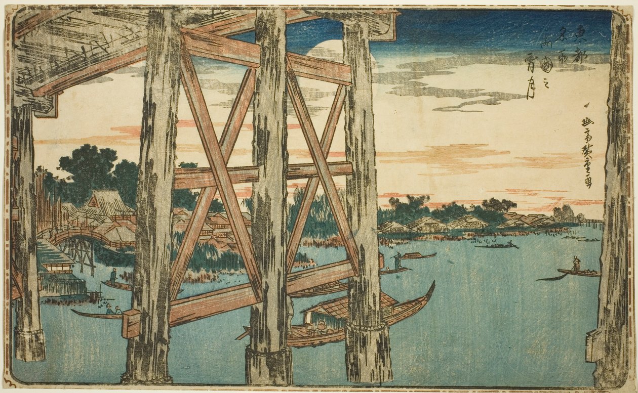 Hämäräkuu Ryogoku-sillalla (Ryogoku no yoizuki), sarjasta "Itäisen pääkaupungin kuuluisat näkymät (Toto Meisho)" tekijältä Utagawa Hiroshige