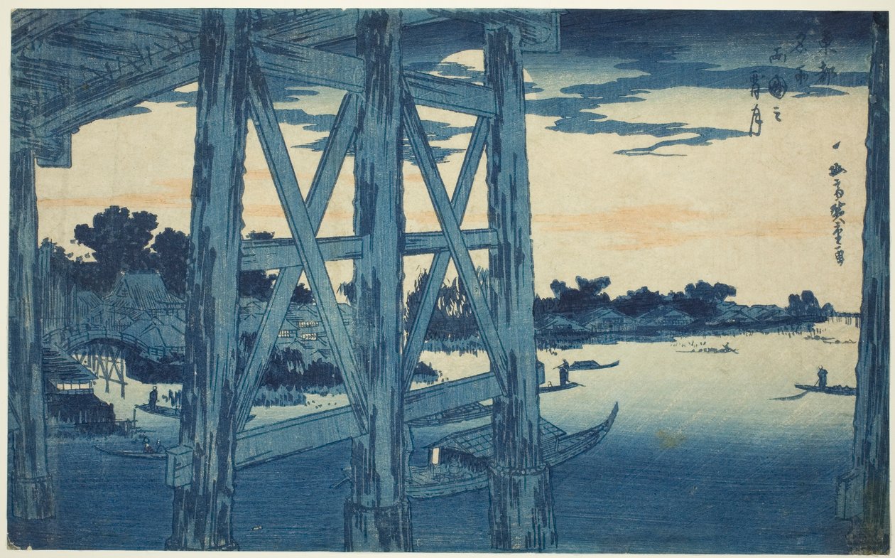 Hämäräkuu Ryogoku-sillalla (Ryogoku no yoizuki), sarjasta "Itäisen pääkaupungin kuuluisat näkymät (Toto meisho)" tekijältä Utagawa Hiroshige