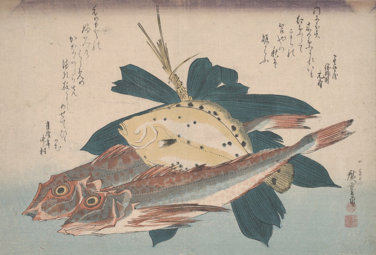 Kaksi tykkiä ja kampela tekijältä Utagawa Hiroshige