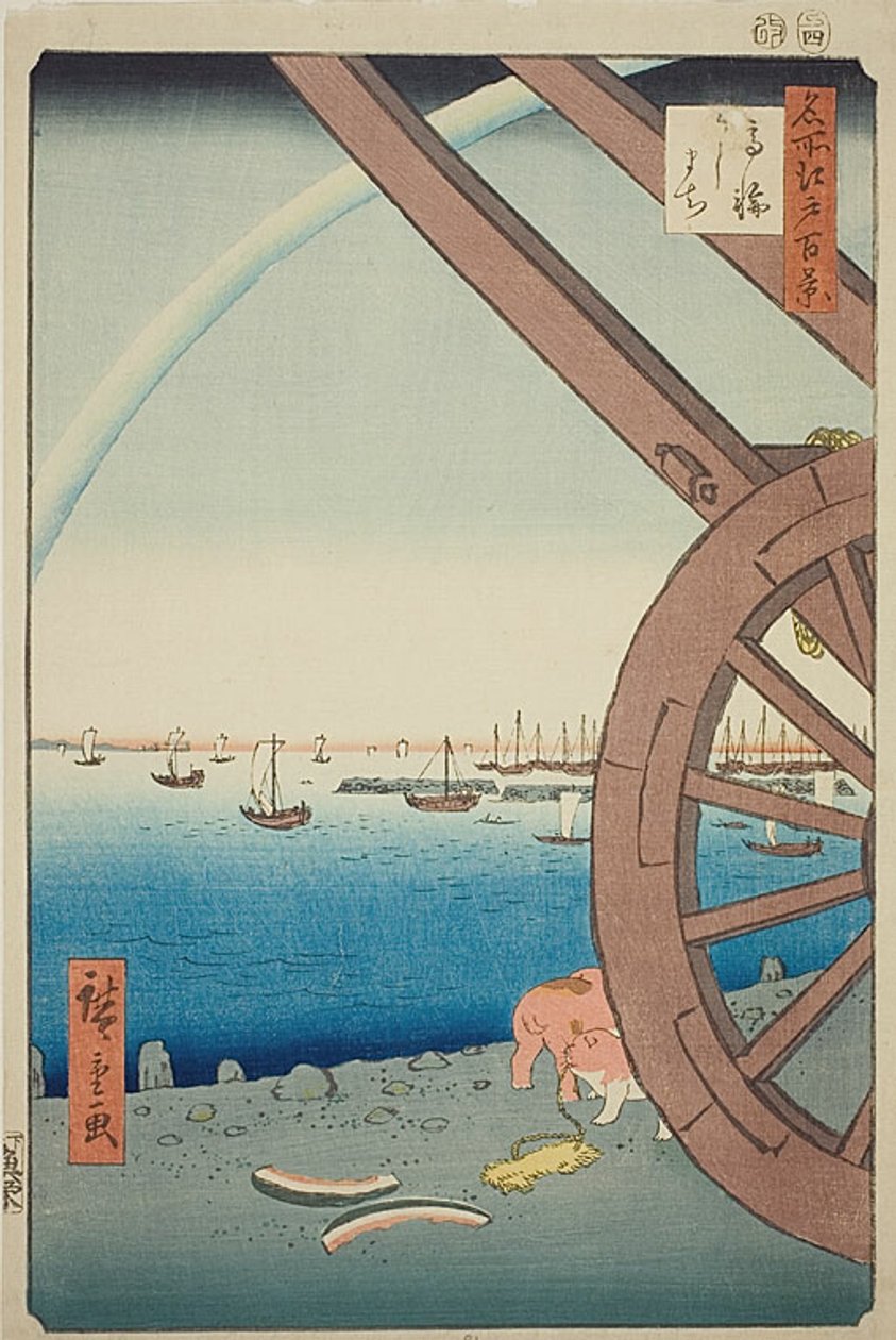 Ushimachi Takanawassa (Takanawa Ushimachi), nro 81 sarjasta "Sata kuuluisaa näkymää Edosta (Meisho Edo hyakkei)". tekijältä Utagawa Hiroshige