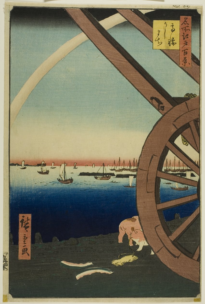 Ushimachi Takanawassa (Takanawa Ushimachi), sarjasta "Sata kuuluisaa näkymää Edosta (Meisho Edo hyakkei)". tekijältä Utagawa Hiroshige