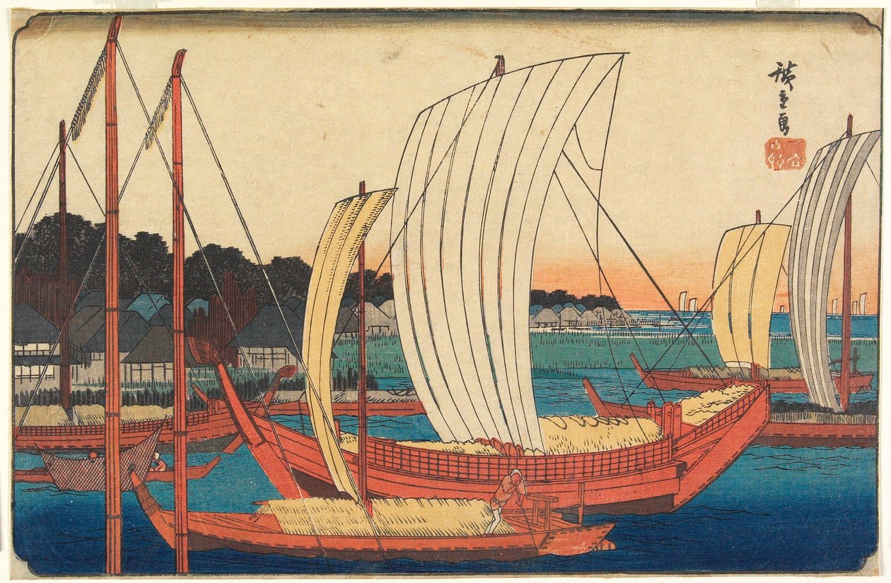 Näkymä Tsukudajiman satamaan saapuvista veneistä tekijältä Utagawa Hiroshige