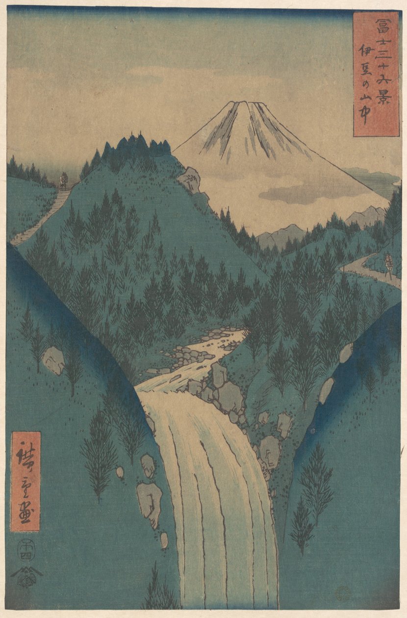 Näkymä Fuji-sanille Izu-maakunnan vuorilta (Izu no Sanchu), sarjasta ”36 näkymää Fuji-vuorelta” (Fugaku sanjūrokkei) tekijältä Utagawa Hiroshige