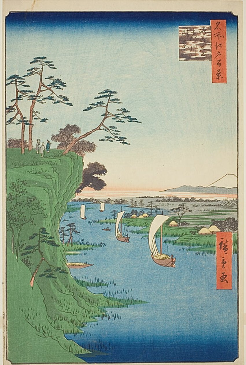 Näkymä Konodaista ja Tone-joesta (Konodai Tonegawa fukei), nro 95 sarjasta "Sata kuuluisaa näkymää Edosta (Meisho Edo hyakkei)". tekijältä Utagawa Hiroshige