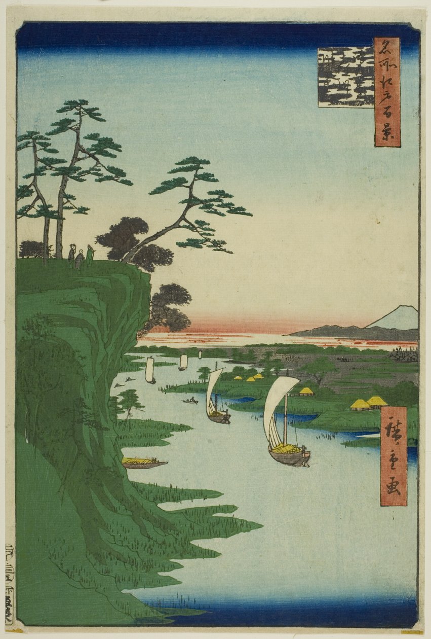 Näkymä Konodaista ja Tone-joesta (Konodai Tonegawa fukei), sarjasta "Sata kuuluisaa näkymää Edosta (Meisho Edo hyakkei)". tekijältä Utagawa Hiroshige