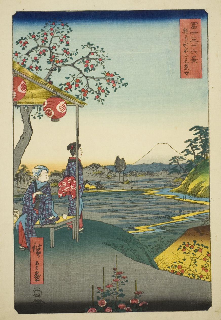 Näkymä Fuji-vuorelle Zoshigayan teehuoneesta (Zoshigaya Fujimi chaya), sarjasta "Kolmekymmentäkuusi näkymää Fuji-vuorelle (Fuji sanjurokkei)" tekijältä Utagawa Hiroshige