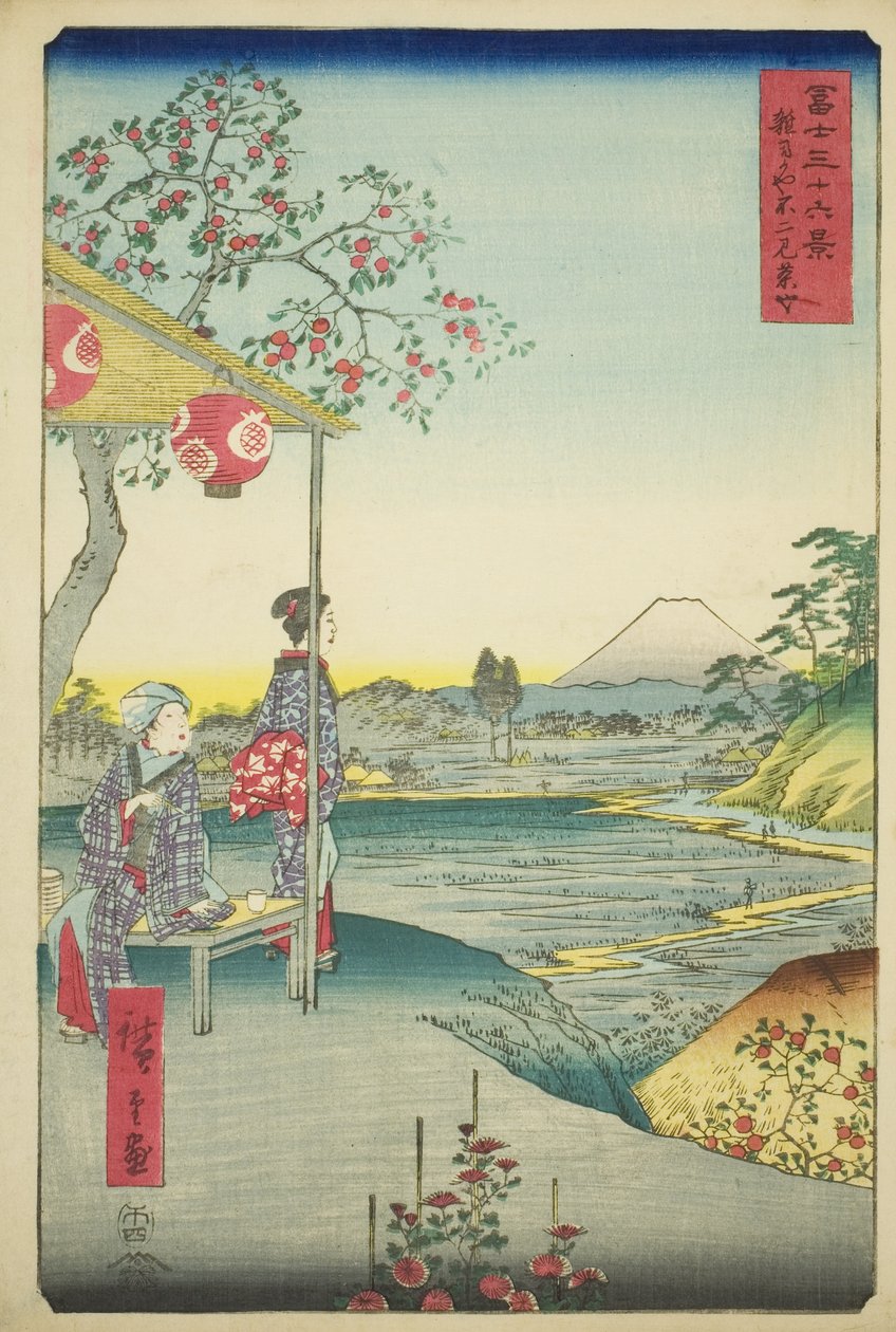 Näkymä Fuji-vuorelle Zoshigayan teehuoneesta (Zoshigaya Fujimi chaya), sarjasta "Kolmekymmentäkuusi näkymää Fuji-vuorelle (Fuji sanjurokkei)" tekijältä Utagawa Hiroshige
