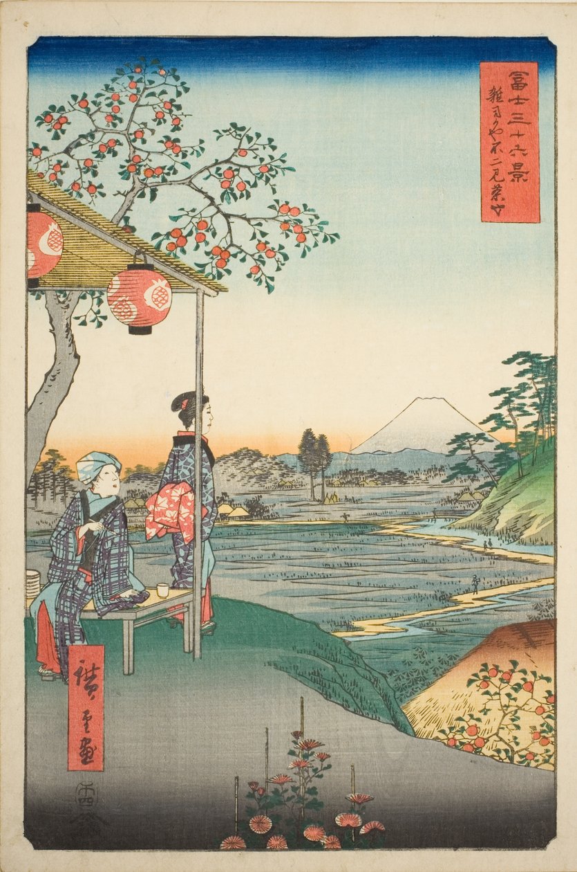 Näkymä Fuji-vuorelle Zoshigayan teehuoneesta (Zoshigaya Fujimi chaya), sarjasta "Kolmekymmentäkuusi näkymää Fuji-vuorelle (Fuji sanjurokkei)" tekijältä Utagawa Hiroshige