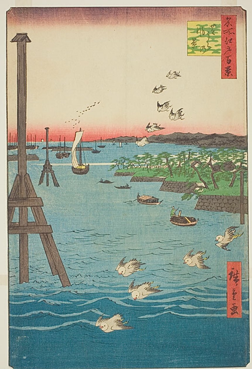 Näkymä Shiban rannikolta (Shibaura no kei), jossa on vaaleansinisen veden sävyjä, nro 108 sarjasta Sata kuuluisaa näkymää Edosta (Meisho Edo hyakkei). tekijältä Utagawa Hiroshige
