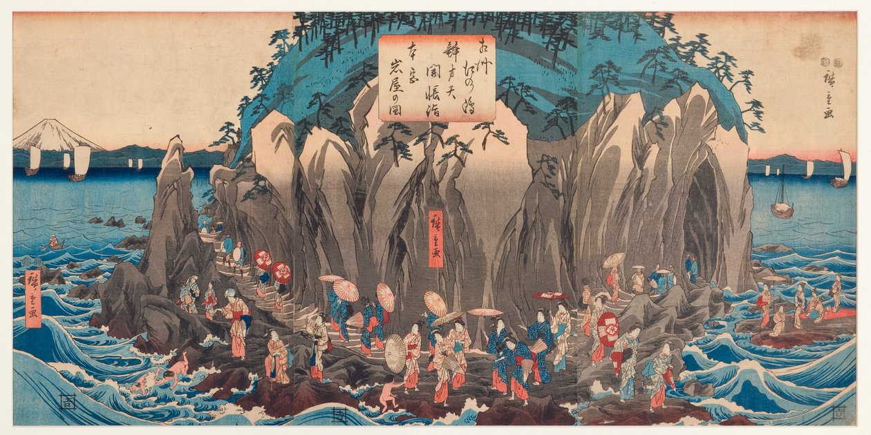 Näkymä pyhiinvaelluksesta Benzaitenin luolaan ja pyhäkköön Enoshimassa, Sagamissa, n. 1850-51 (puupalikka) tekijältä Utagawa Hiroshige