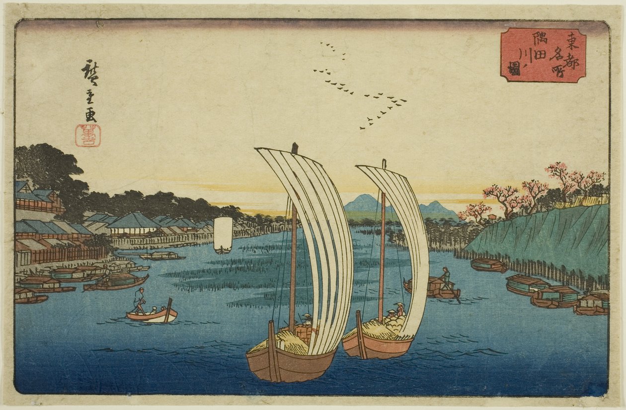 Näkymä Sumida-joelle (Sumidagawa no zu), sarjasta "Itäisen pääkaupungin kuuluisia paikkoja (Toto meisho)" tekijältä Utagawa Hiroshige