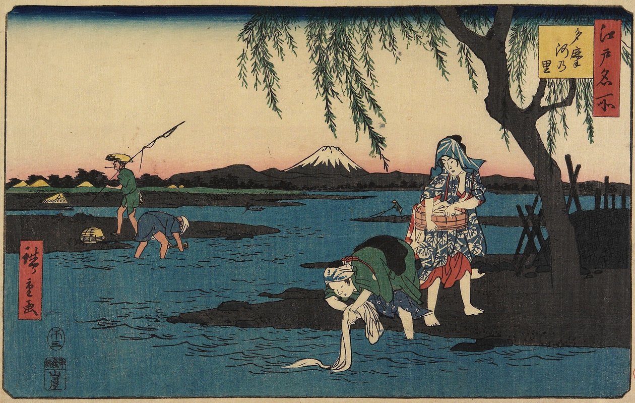 Kylä Tamagawa-joen rannalla, maaliskuu 1858 tekijältä Utagawa Hiroshige