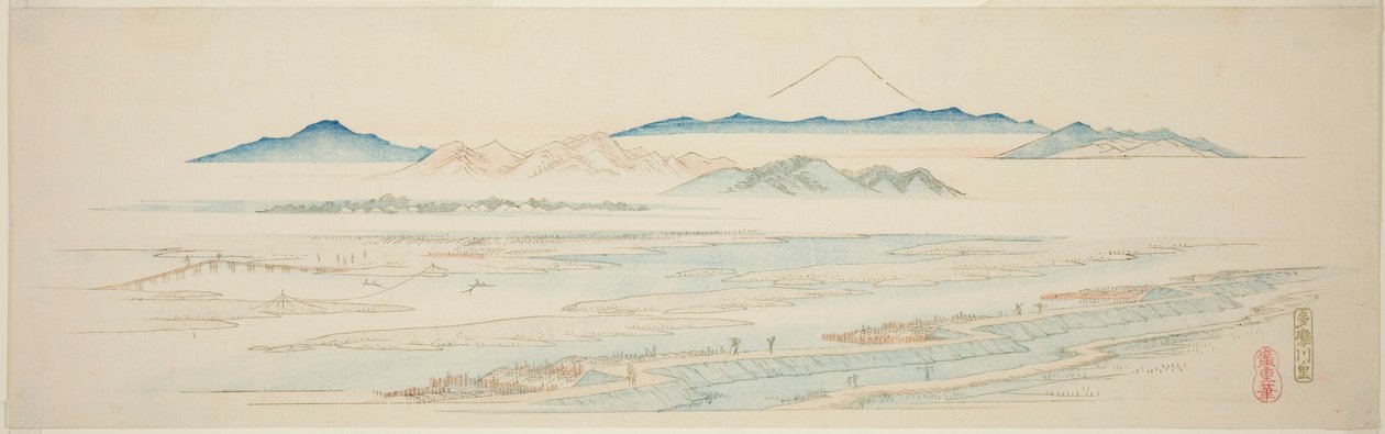 Tamagawan kylä (Tamagawa no sato), nimettömästä sarjasta kuuluisia näkymiä Edon esikaupunkialueille tekijältä Utagawa Hiroshige