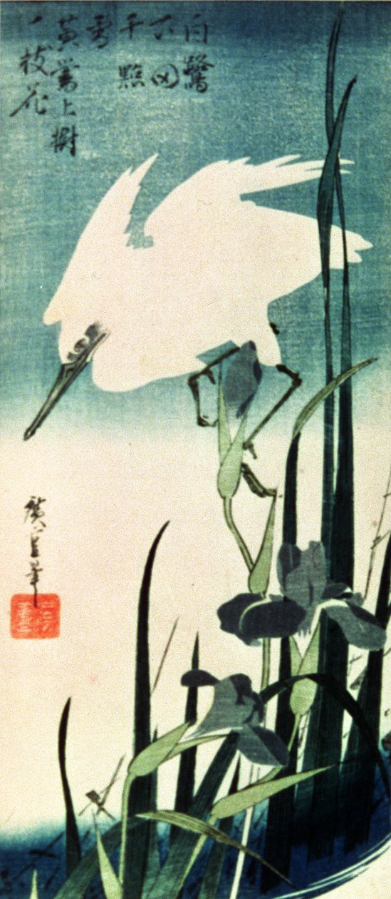 White Heron and Iris (värillinen puupiirros) tekijältä Utagawa Hiroshige