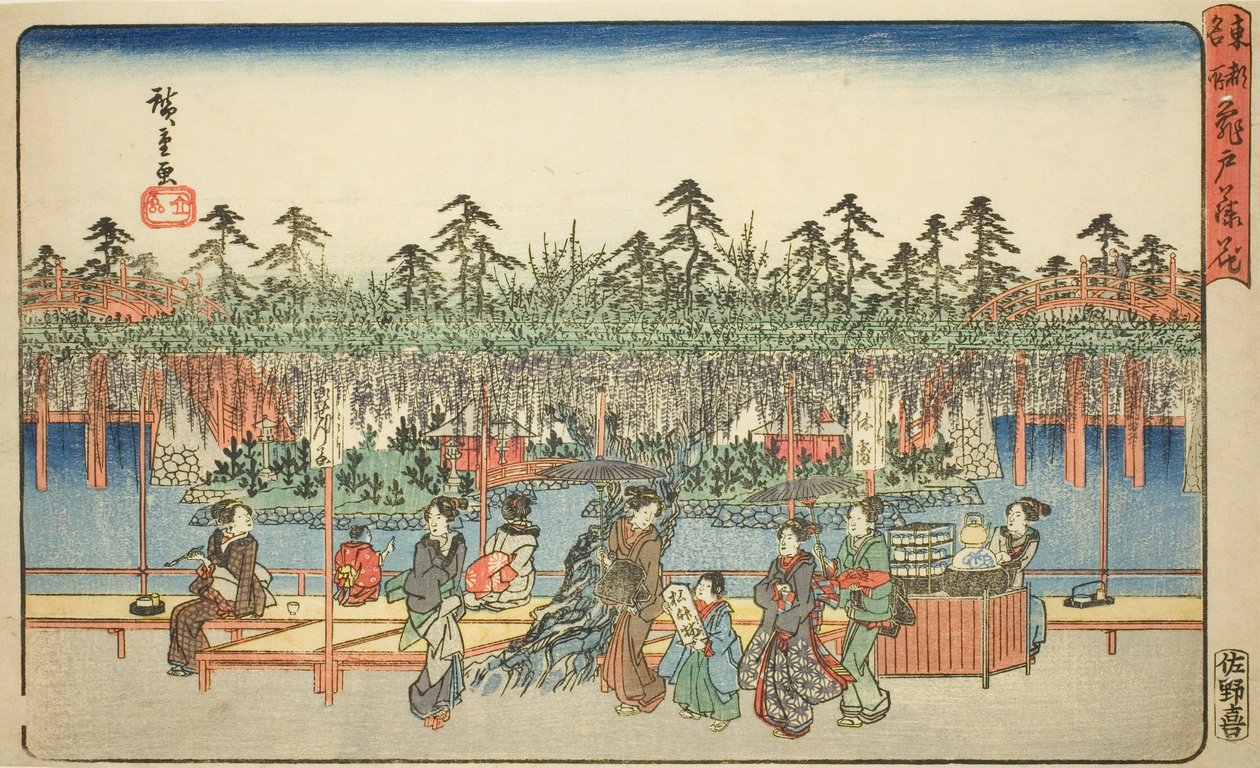 Wisteria at Kameido (Kameido Tenjin fuji hana), sarjasta "Famous Places in the Eastern Capital (Toto meisho)" tekijältä Utagawa Hiroshige
