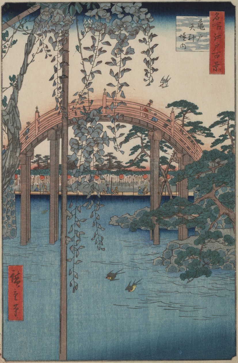 Wisteria Kameido Tenjinin pyhäkössä sarjasta Sata kuuluisaa näkymää Edosta tekijältä Utagawa Hiroshige
