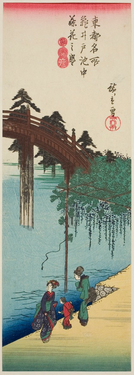 Wisteria täydessä kukassa lammen yllä Kameidon pyhäkössä (Kameido ike chu fujibana no sakari), sarjasta "Famous Places in the Eastern Capital (Toto meisho)" tekijältä Utagawa Hiroshige