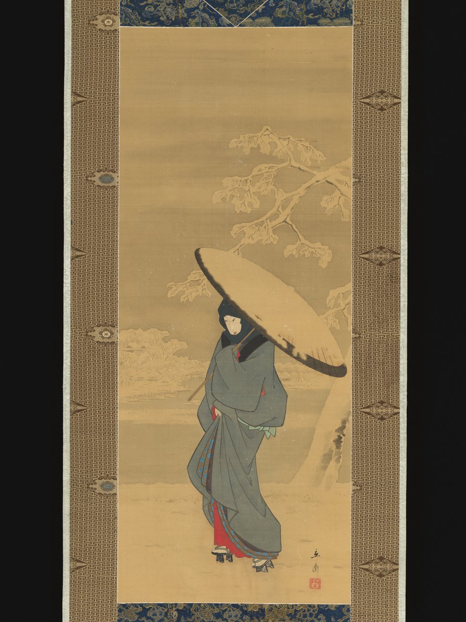 Nainen kävelemässä lumessa tekijältä Utagawa Hiroshige