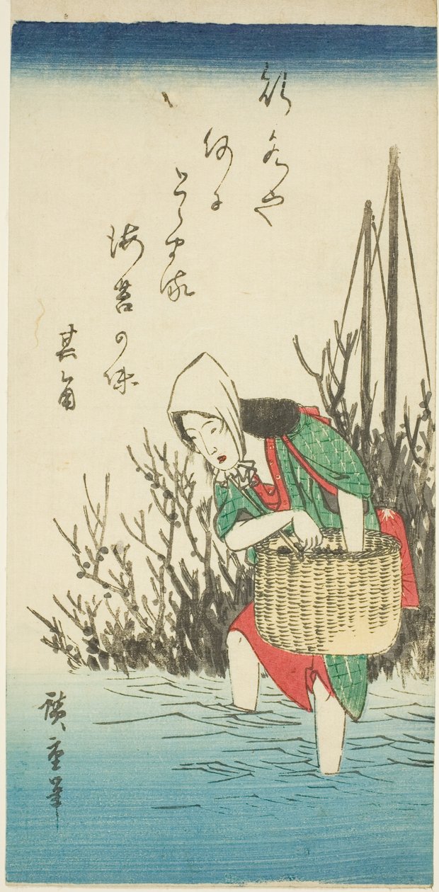 Nainen kerää merilevää tekijältä Utagawa Hiroshige