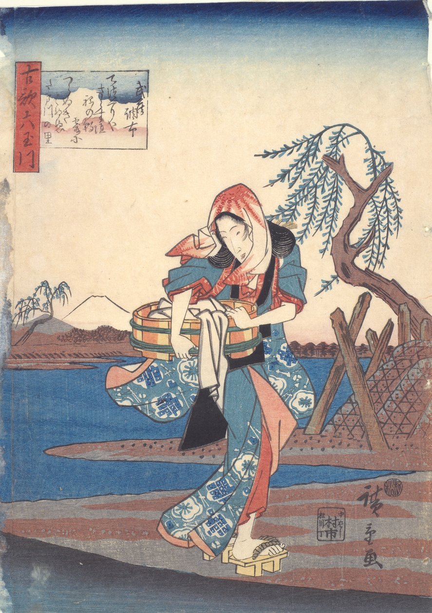Nainen pesemässä vaatteita Chofu-joen rannalla: Six Tama Rivers tekijältä Utagawa Hiroshige