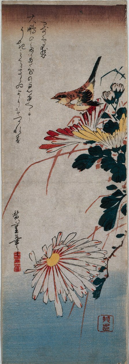 Wren ja krysanteemit tekijältä Utagawa Hiroshige