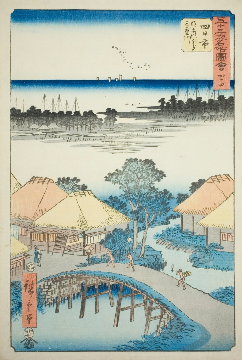 Yokkaichi: Nako Bay ja Mie-joki, nro. 44 sarjasta "Viidenkymmentäkolmen aseman kuuluisat nähtävyydet (Gojusan Tsugi Meisho Zue)", joka tunnetaan myös nimellä Vertical Tokaido tekijältä Utagawa Hiroshige