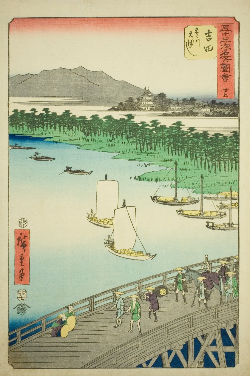 Yoshida: Suuri silta Toyo-joella (Yoshida, Toyokawa ohashi), nro. 35 sarjasta "Famous Sights of the Fifty-three Station (Gojusan tsugi meisho zue)", joka tunnetaan myös nimellä Vertical Tokaido tekijältä Utagawa Hiroshige