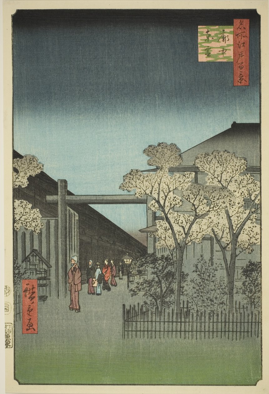 Yoshiwara Tunsin Kurt rs at Dawn (jokainen Chu Shinonome), sarjasta ”Ridge dre d fa netin näkymät Edoon (Sata kuuluisaa näköalaa Edoon)” tekijältä Utagawa Hiroshige