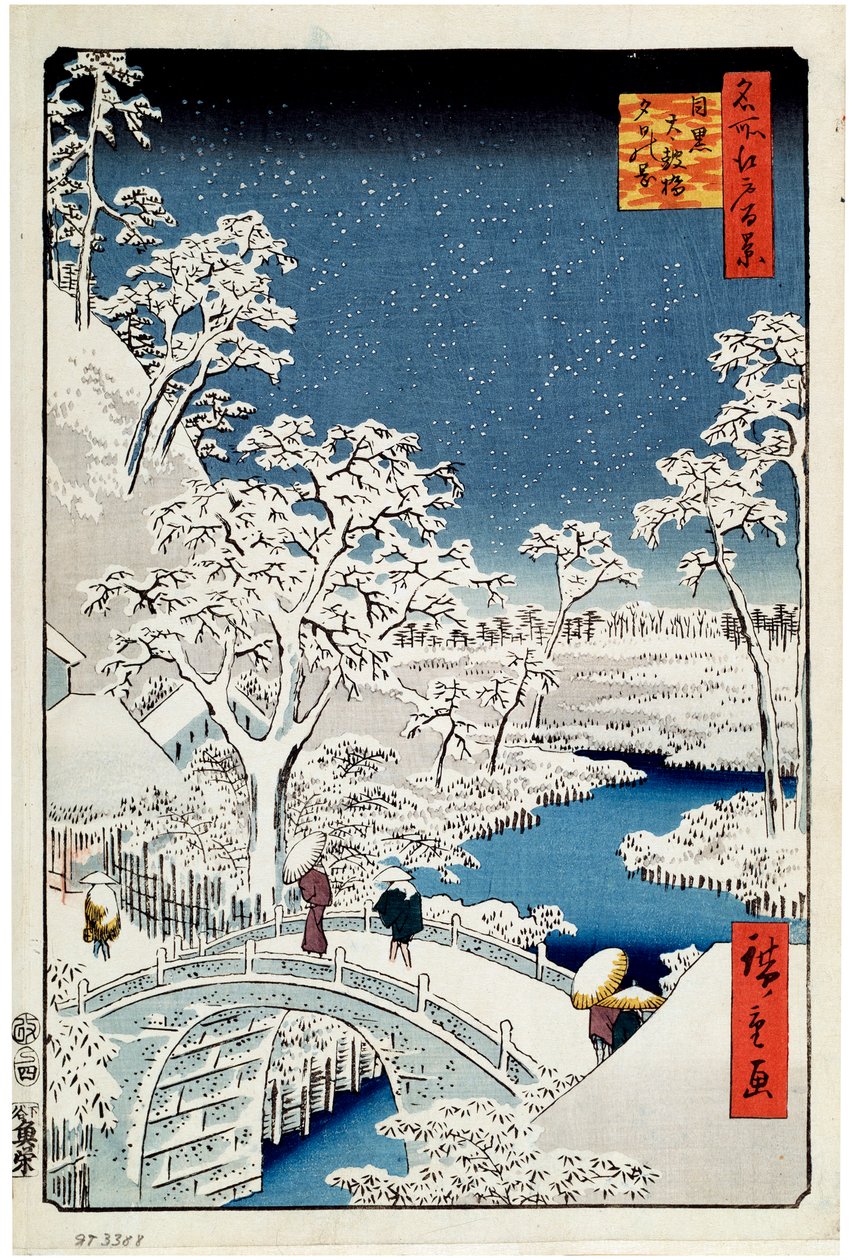 Yuhi Hill ja rumpusilta Megurossa Sata kuuluisaa näkymää Edosta, 1856-1858. tekijältä Utagawa Hiroshige
