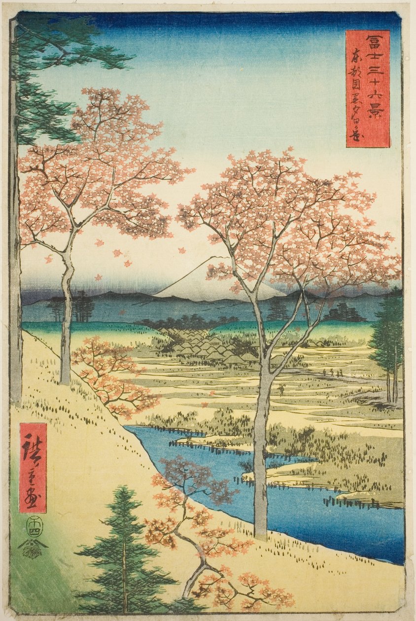 Yuhi Hill Megurossa itäpääkaupungissa (Toto Meguro Yuhigaoka), sarjasta "Kolmekymmentäkuusi näkymää Fuji-vuorelle (Fuji sanjurokkei)" tekijältä Utagawa Hiroshige