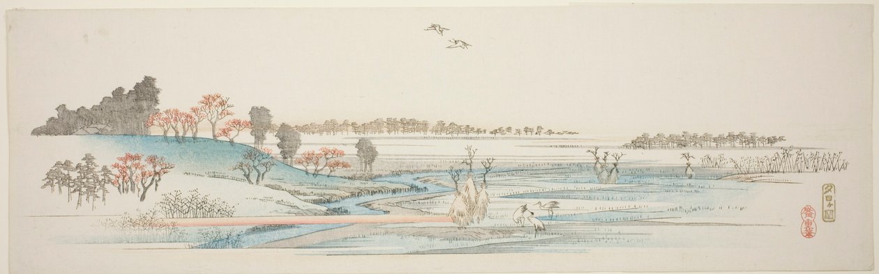 Yuhigaoka, nimettömästä sarjasta kuuluisia näkymiä Edon esikaupunkialueille tekijältä Utagawa Hiroshige