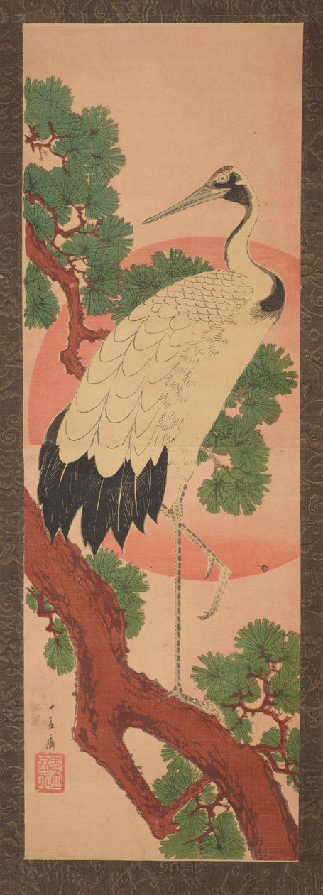 Kranich auf einem Kiefernzweig vor der Sonnenscheibe tekijältä Utagawa Hiroshige