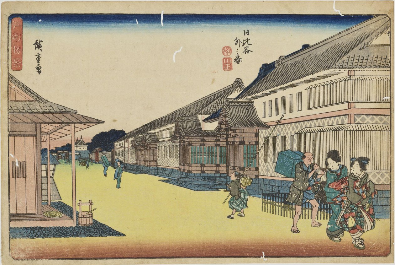 "Hibiyan ulkopuolella" sarjasta "Edon merkittäviä näkymiä" tekijältä Utagawa Hiroshige