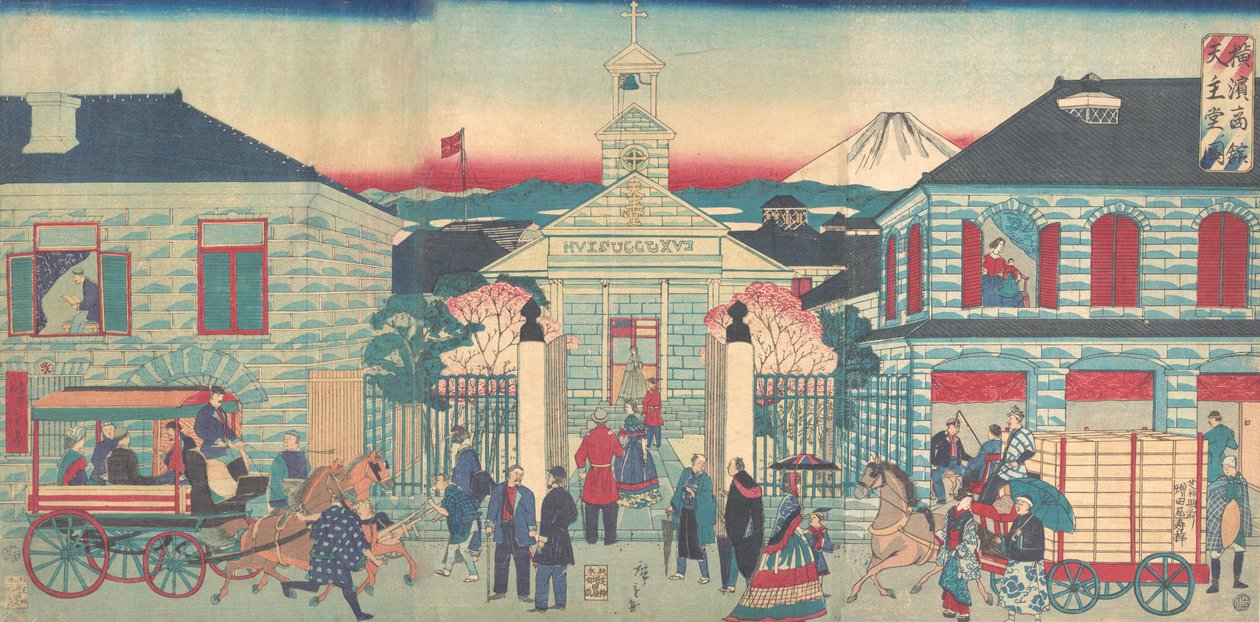 Kuva ulkomaisista asunnoista ja katolisesta kirkosta Jokohamassa Yokohama..., 10. kuukausi, 1870. tekijältä Utagawa Hiroshige III